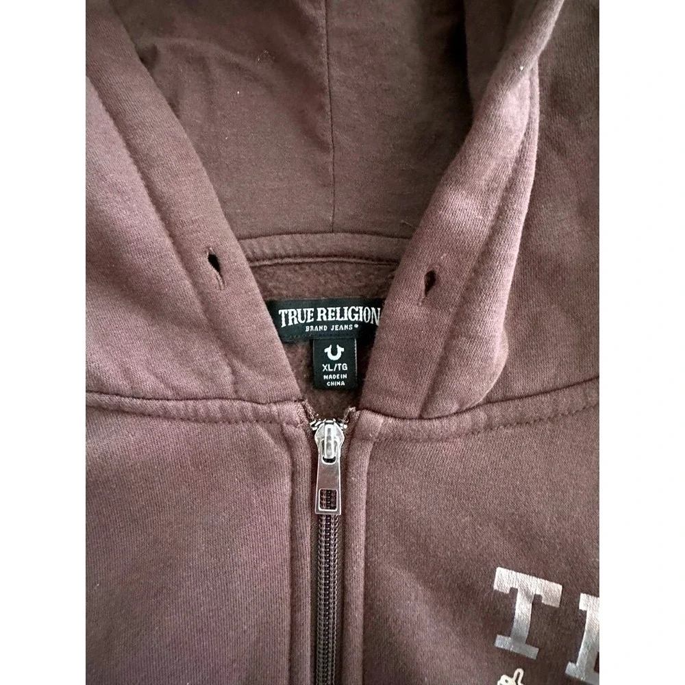 True Religion Mens Metallic Buddha Star Zip Hoodie Brown Sweatshirt XL